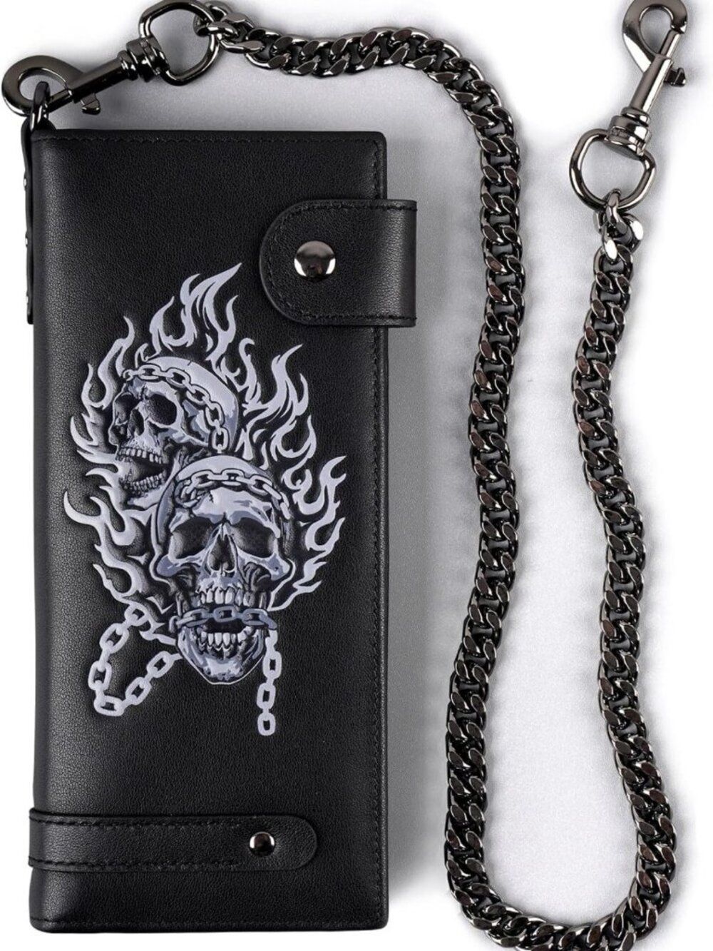 Men's Skull Biker Leather Wallet with Chain, RFID Blocking, Extra-Large